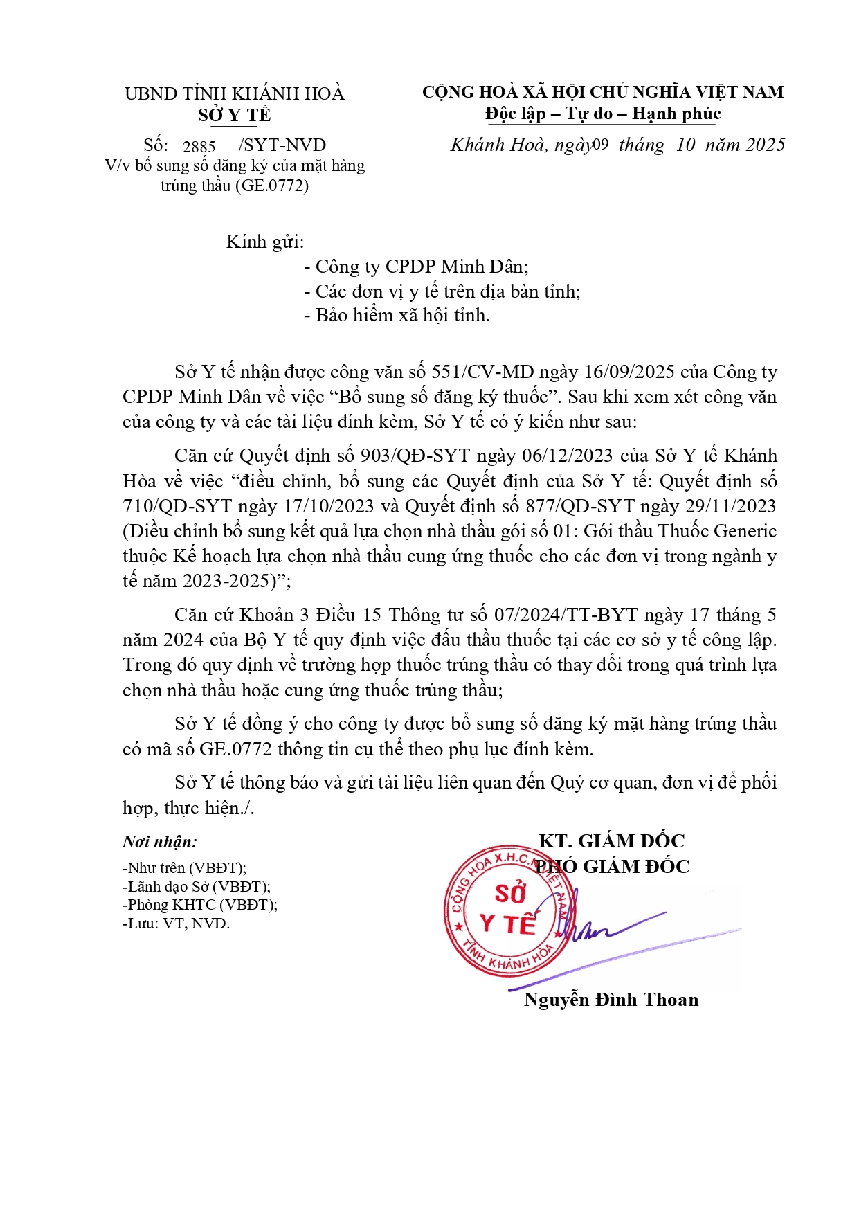 V/v bổ sung số đăng ký của mặt hàng trúng thầu (GE.0772)